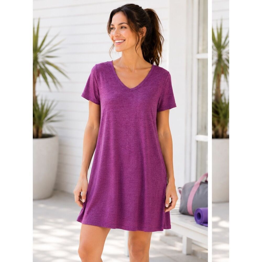Yelete Criss Cross Back TShirt Dress Swing Athletic VNeck Purple S